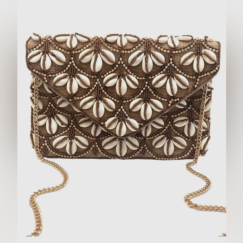 Beaded Shell Embellished Brown Clutch with Gold Chain